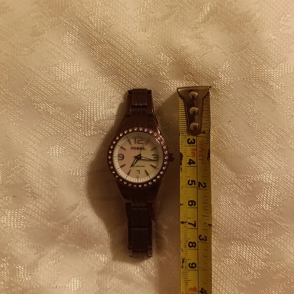 Fossil BLUE mother of pearl bronze band rhinestone face AM 4138